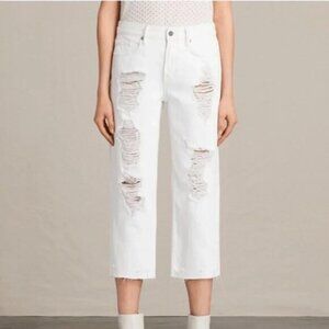 All Saints White Jeans Ivy Destroy Boy Distressed Straight Leg Denim high rise